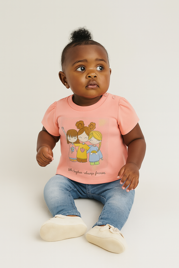 Coral Girl Placement Print Puff Sleeves Orange