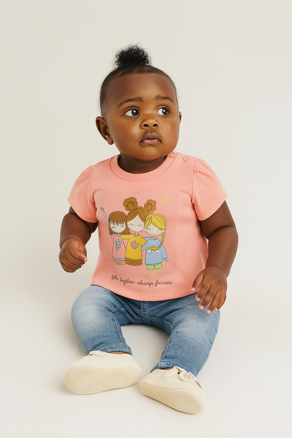 Coral Girl Placement Print Puff Sleeves Orange