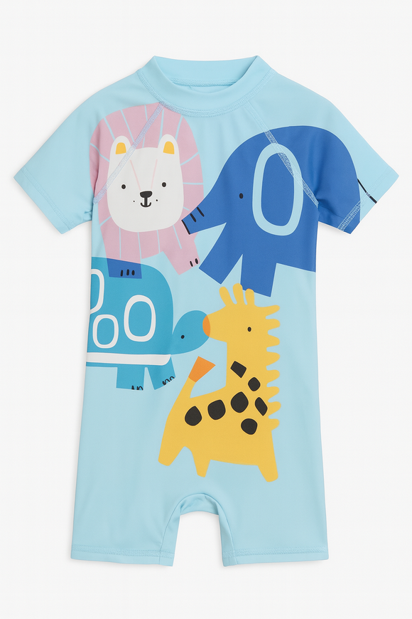 Blue Fish Print Rash Guard And Swim Shorts