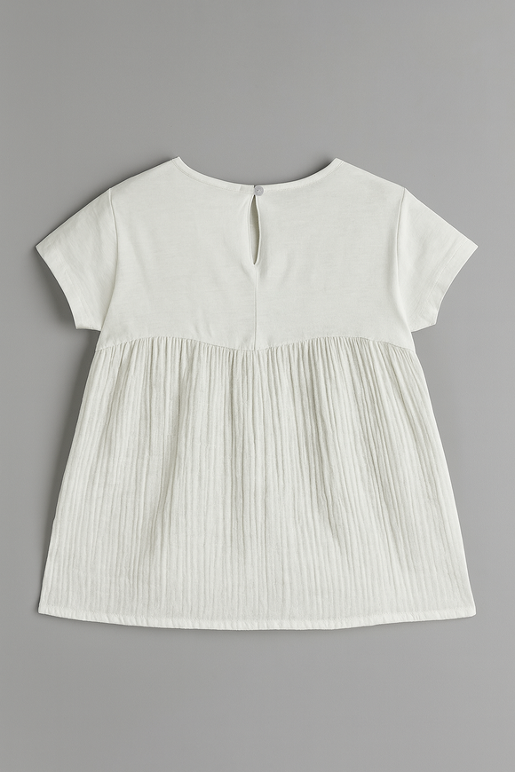 Embroidered Short Slv Knit Woven Top