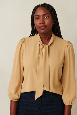 Yellow Textured Pussy Bow Blouse