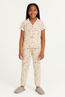 Cream Floral S S Front Placket Shirt Yummy Fabric Pajama Sets Assorted-1