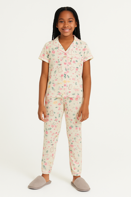 Cream Floral S S Front Placket Shirt Yummy Fabric Pajama Sets Assorted