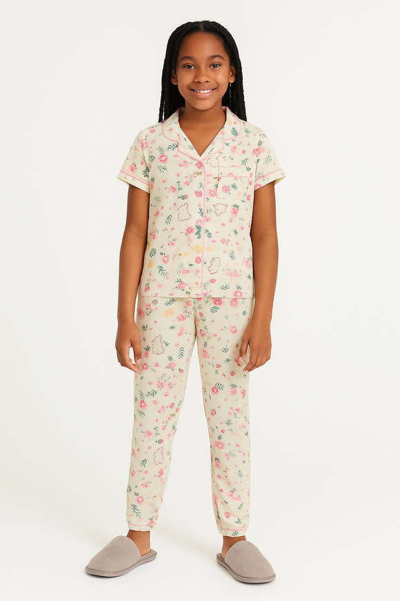 Cream Floral S S Front Placket Shirt Yummy Fabric Pajama Sets Assorted