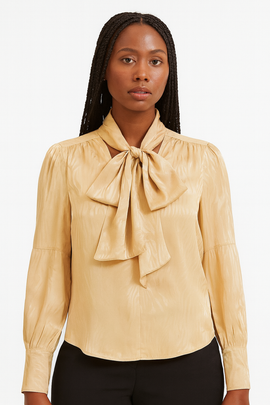 Beige Bow Detail Satin Blouse