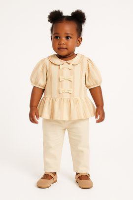 Beige Stripe Puff Sleeve Blouse Beige