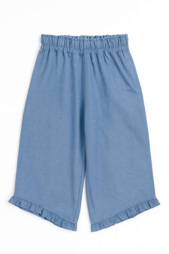 Blue Chambray Ruffle Trouser