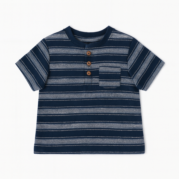 Black And Grey Striped Henley Pique Tshirt