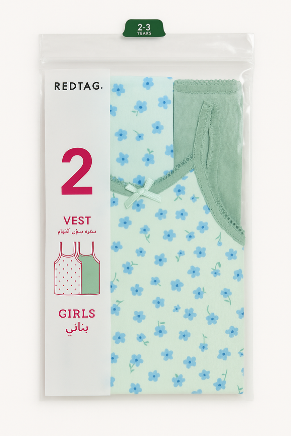 2 Pc Pk Junior Girls One Solid One Printed Sleeveless Vest Pack Assorted