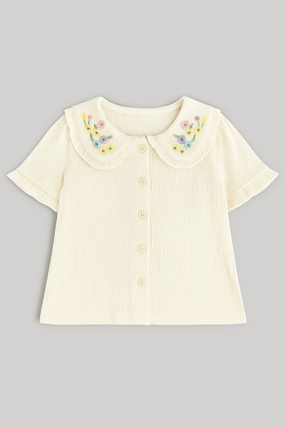 Ivory Woven Blouse With Embroidered Collar Ivory