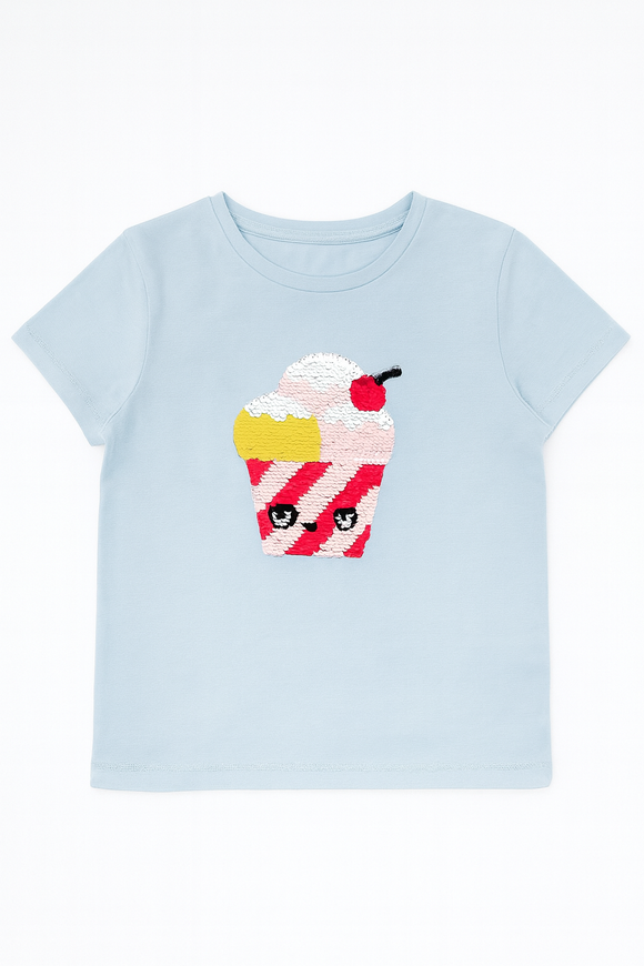 Blue Ice Cream Sequins At Chest T Shirt