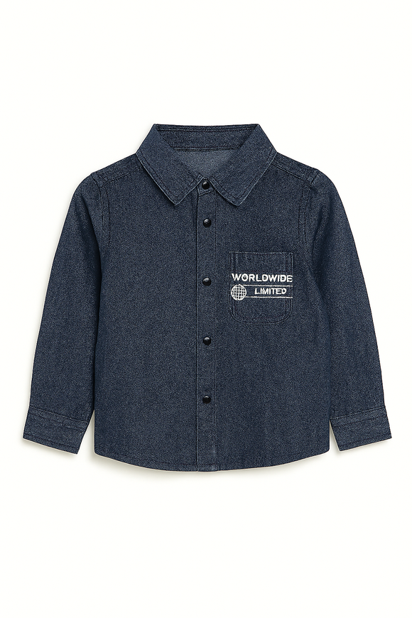 Boys Junior Blue Denim Shirt With Front And Back Print