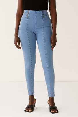Blue High Waist Button Jeggings