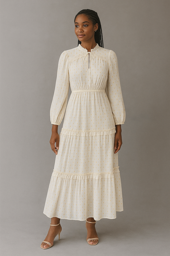 Ivory Frill Detailed Lurex Jacquard Dress