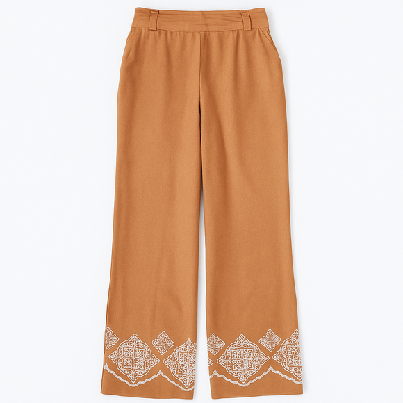 SANDSTONE EMBROIDERED WODE LEG TROUSERS