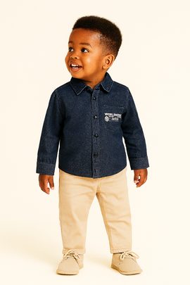 Boys Junior Blue Denim Shirt With Front And Back Print