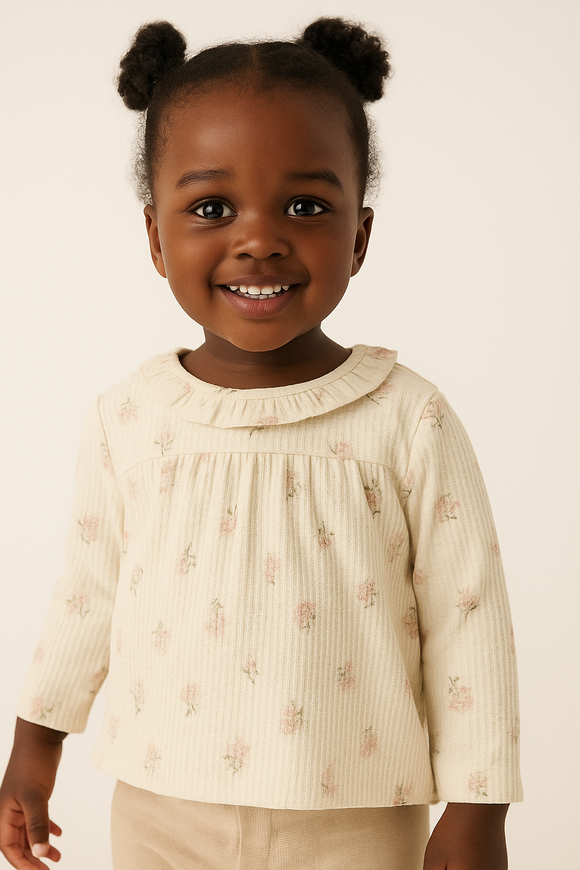 Cream Allover Print Long Sleeve Collared Blouse Cream