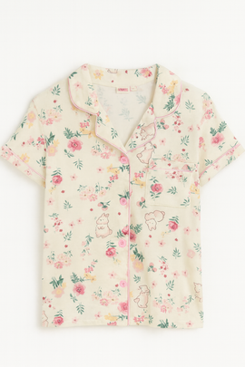 Cream Floral S S Front Placket Shirt Yummy Fabric Pajama Sets Assorted - 0