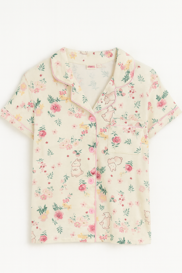 Cream Floral S S Front Placket Shirt Yummy Fabric Pajama Sets Assorted