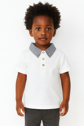 Junior Boys White Polo With Check Collar