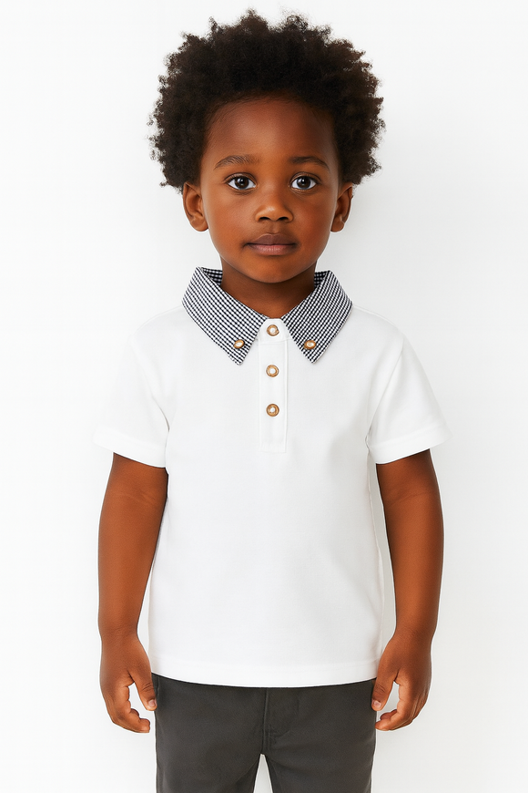 Junior Boys White Polo With Check Collar