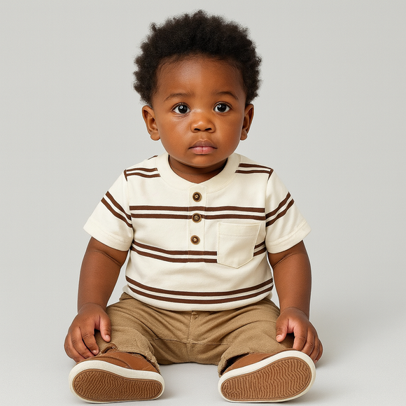 White And Brown Striped Yd Henley Tshirt