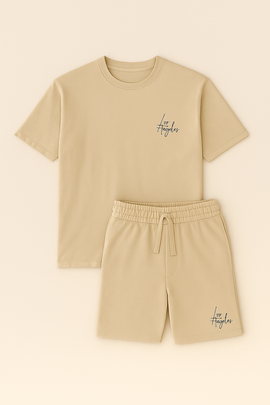 T Shirt And Pyjama Shorts Set Beige - 0