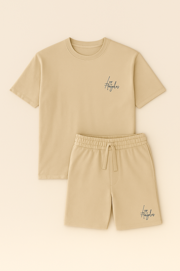 T Shirt And Pyjama Shorts Set Beige