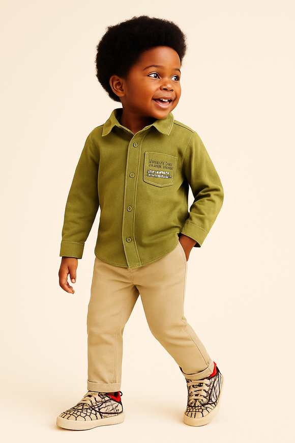 Boys Junior Green Denim Shirt With Front And Back Print