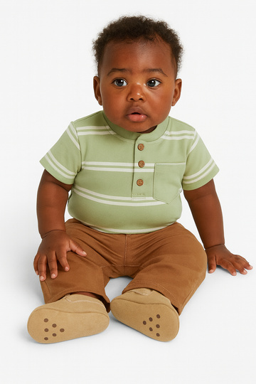 Sage And White Striped Yd Henley Tshirt REDTAG