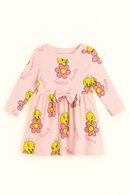 Light Pink Tweety All Over Print Long Sleeve Knit Dress Pale Pink-1