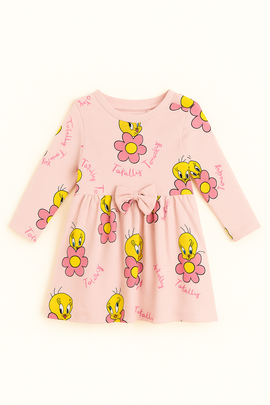 Light Pink Tweety All Over Print Long Sleeve Knit Dress Pale Pink