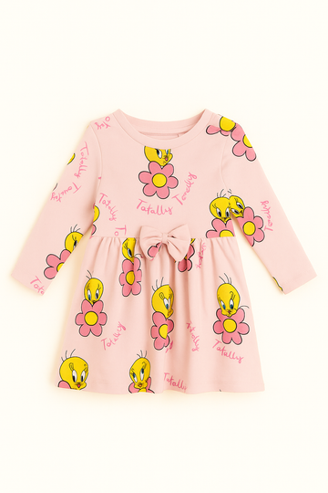 Light Pink Tweety All Over Print Long Sleeve Knit Dress Pale Pink