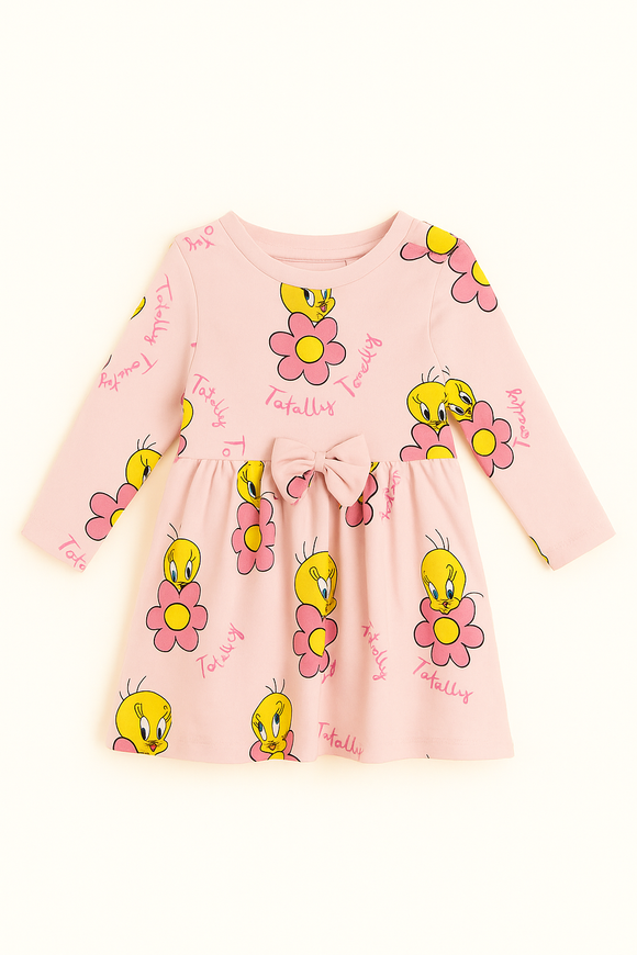 Light Pink Tweety All Over Print Long Sleeve Knit Dress Pale Pink