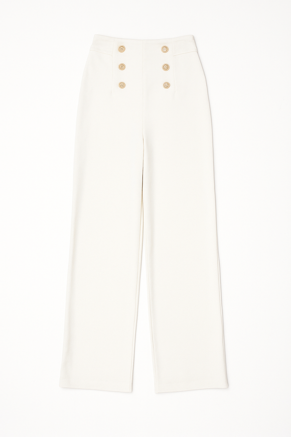 White Elasticated Button Detail Straight Fit Trouser
