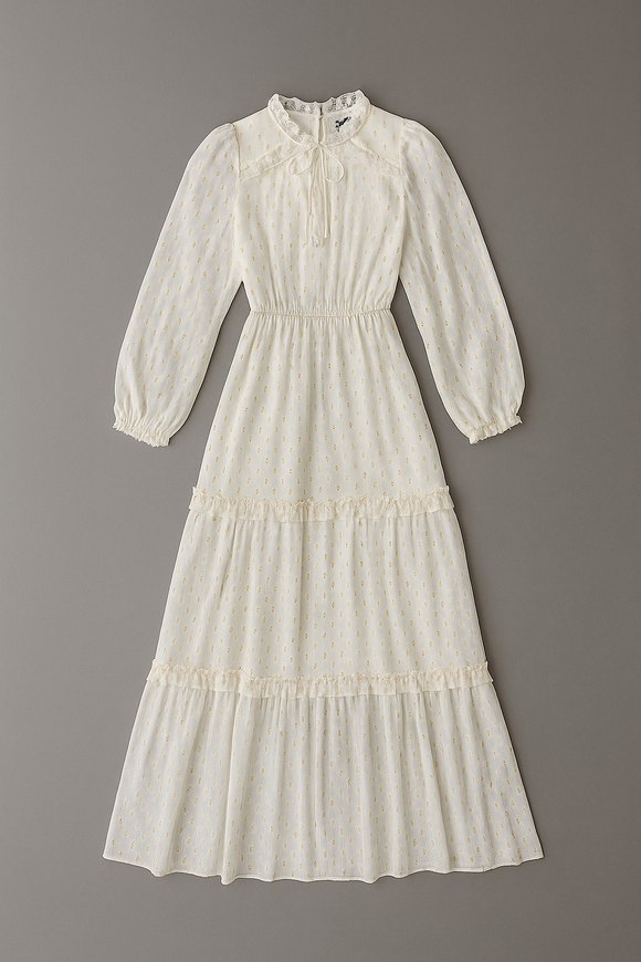 Ivory Frill Detailed Lurex Jacquard Dress