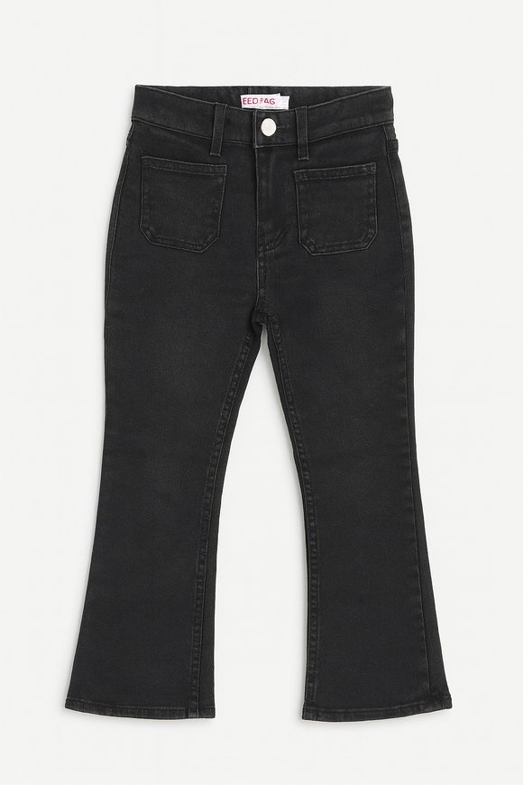 Black Wash Flared Hem Jeans With Front Pocket
