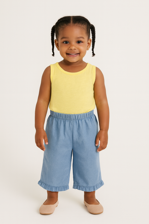 Blue Chambray Ruffle Trouser