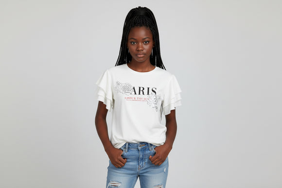 White Paris Ruffled Sleeve Top With Applique White