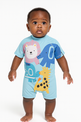 Blue Fish Print Rash Guard And Swim Shorts