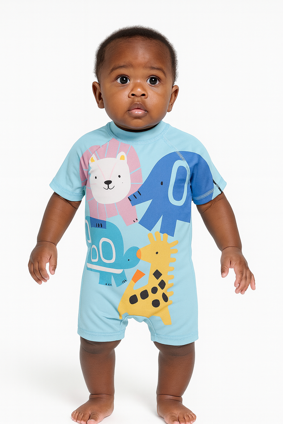 Blue Fish Print Rash Guard And Swim Shorts