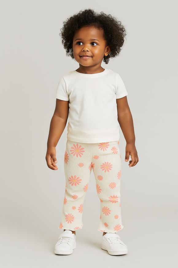 White Floral Aop Rib Leggings White