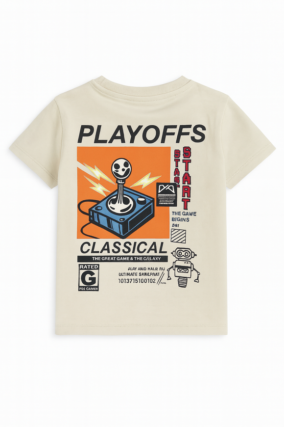 Junior Boys Beige Print With Badge Short Sleeve T Shirt