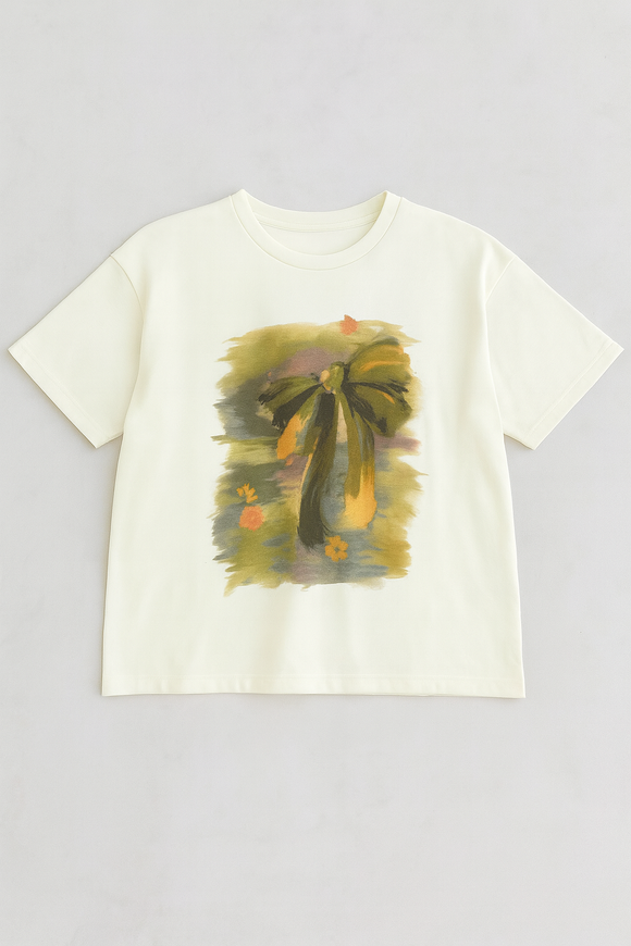 Cream Bow Print Oversize T Shirts White