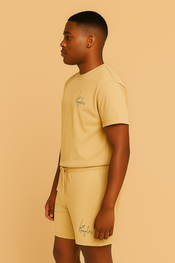 T Shirt And Pyjama Shorts Set Beige