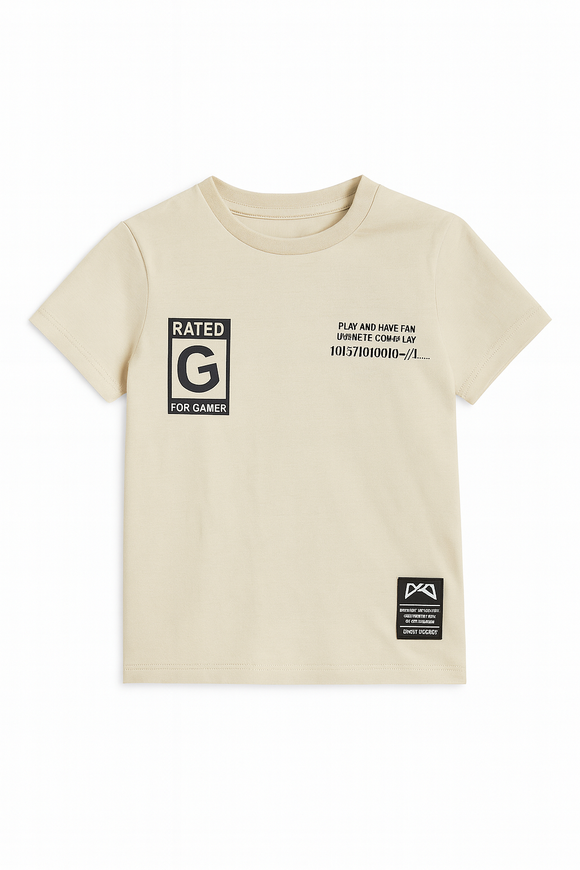 Junior Boys Beige Print With Badge Short Sleeve T Shirt