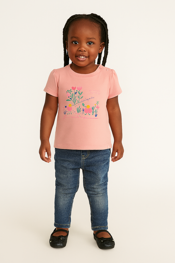 Pink Floral Placement Print Short Sleeves Tee Pink