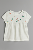 Embroidered Short Slv Knit Woven Top-2