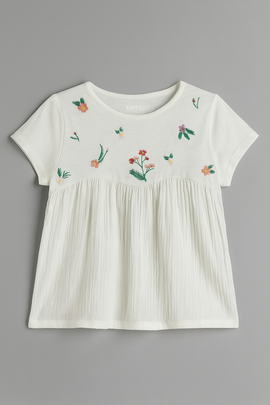 Embroidered Short Slv Knit Woven Top - 0