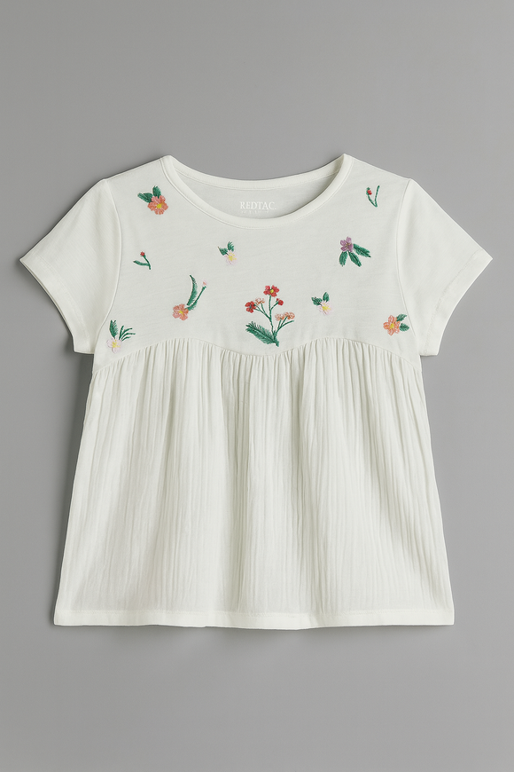 Embroidered Short Slv Knit Woven Top